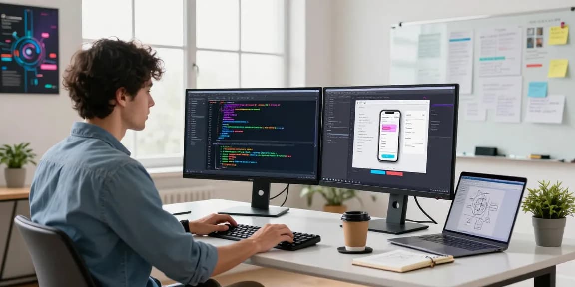 Developer coding at a modern workspace while demonstrating WhatsApp下載 on dual monitors in a vibrant office.