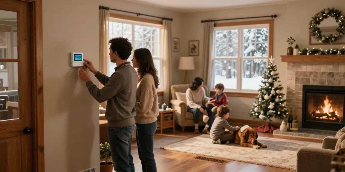 HVAC Stevens Point WI family adjusting heating system in cozy winter home