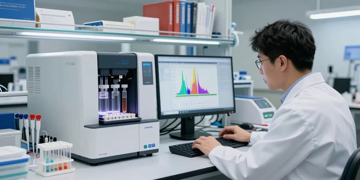 Scientist analyzing ≥99% HPLC peptides on a computer in a high-tech laboratory.