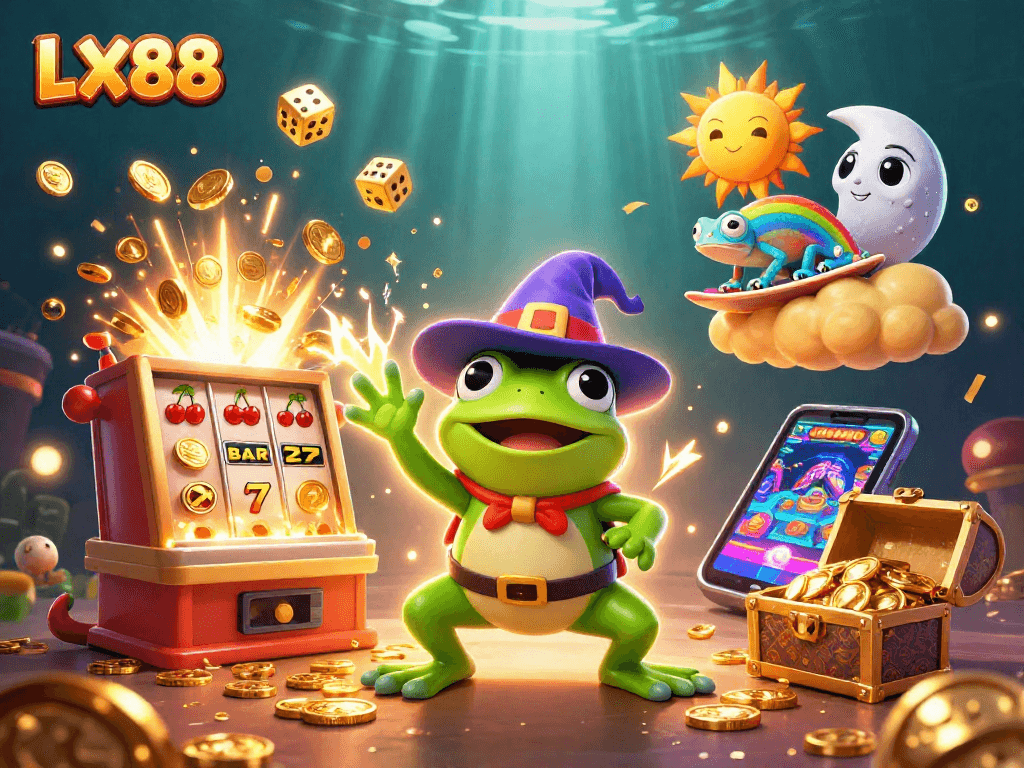 Experience thrilling gaming with LX88's dynamic 3D illustration featuring characters and casino elements.
