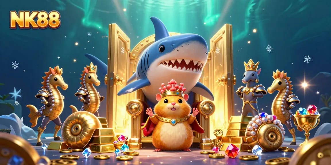 Engage with engaging casino gameplay at NK88, featuring royal characters amidst treasure and excitement.