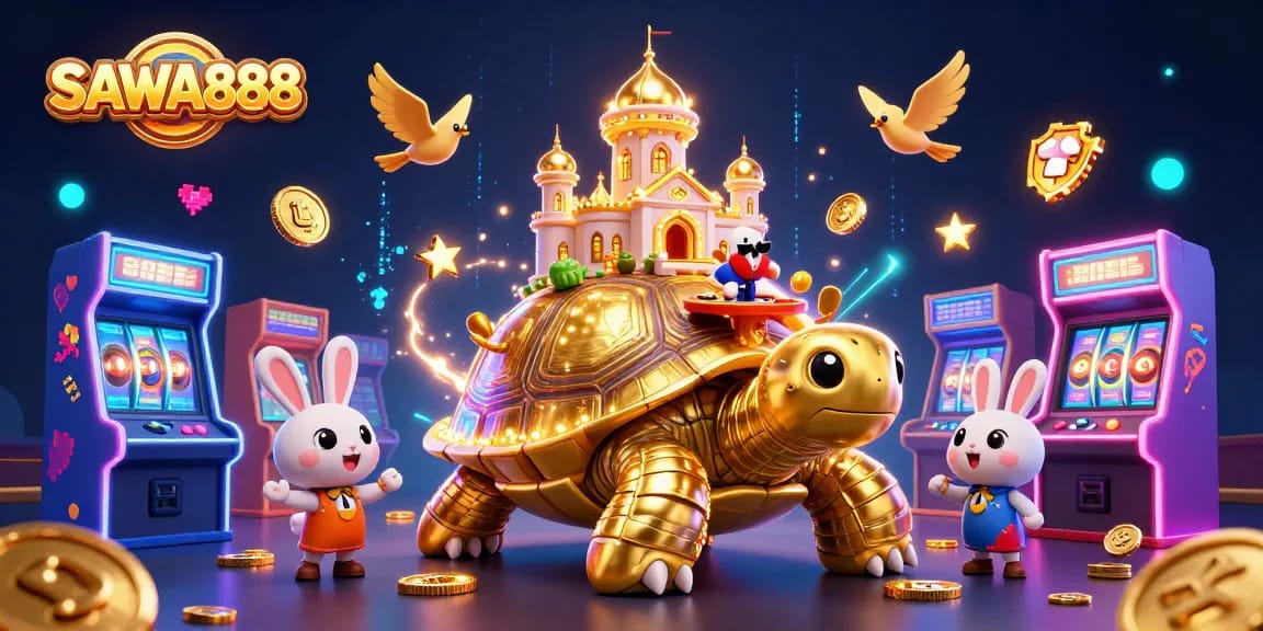 Experience excitement at SAWA888 with a golden tortoise casino, rabbits, and flying coins!