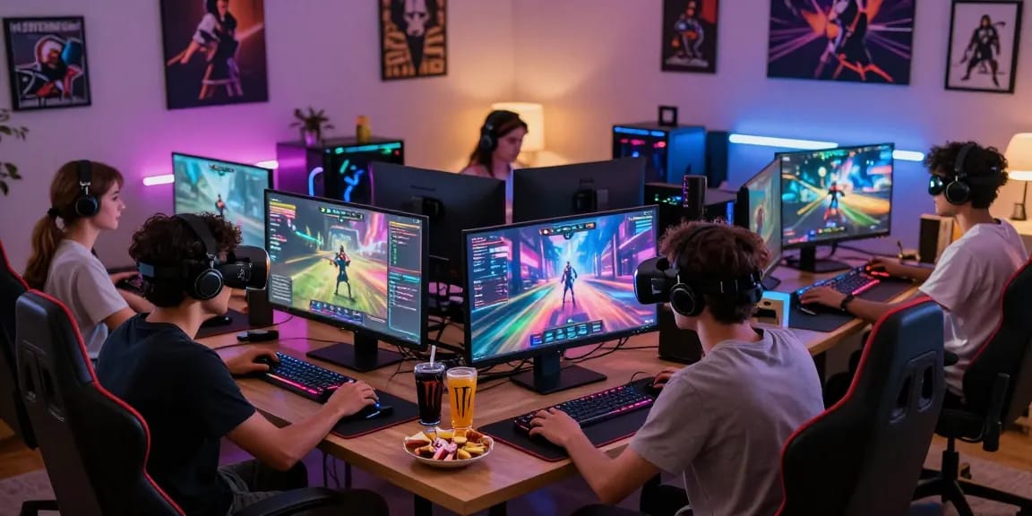 Group enjoying free porn games online in a cozy gaming setup.