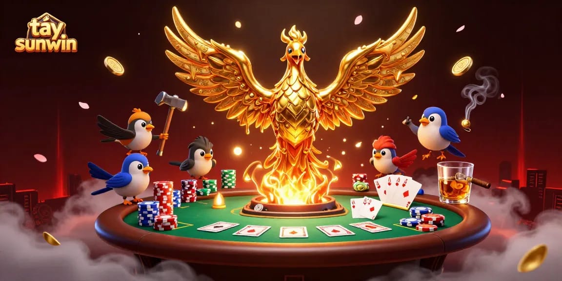 Tải sunwin players experiencing thrilling poker action with golden phoenix and vibrant atmosphere.