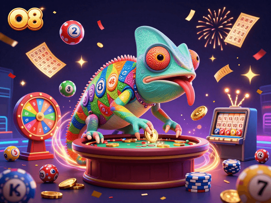 Join the excitement at O8, where the lively chameleon casino owner captivates players!