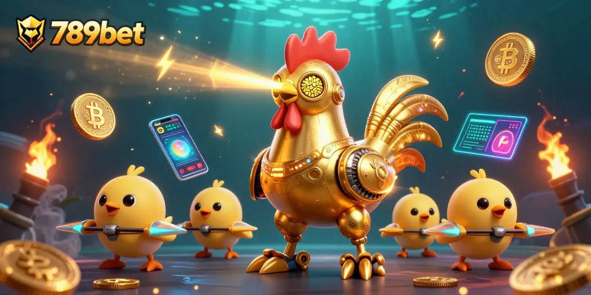789bet offers exciting gameplay with a vibrant scene of a golden rooster robot and crypto elements.