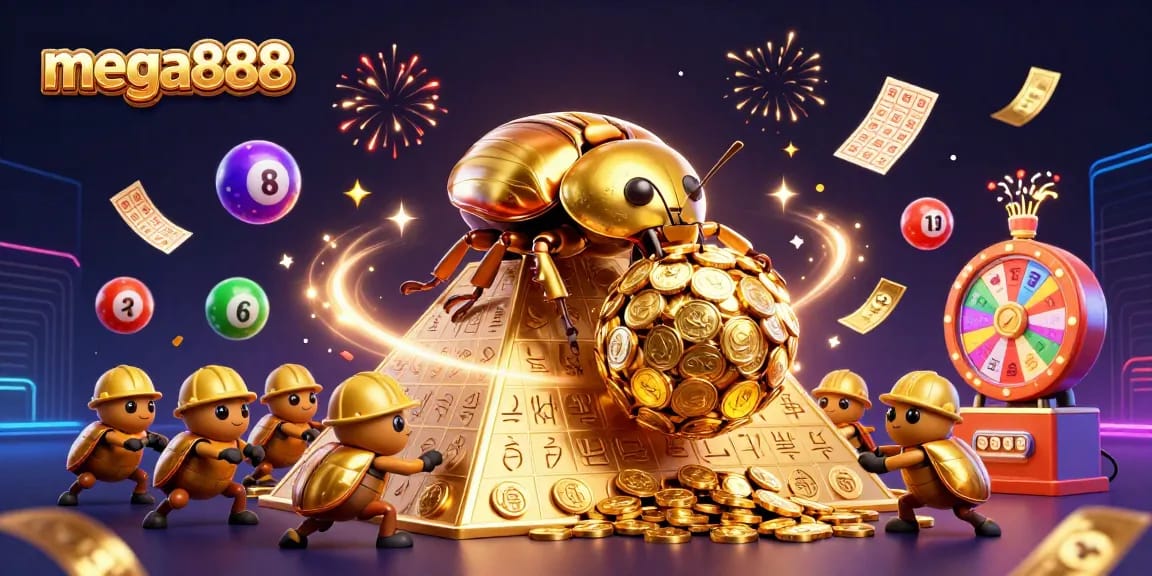 Spin and win with mega888: Massive golden beetles celebrate a jackpot with colorful lottery balls.