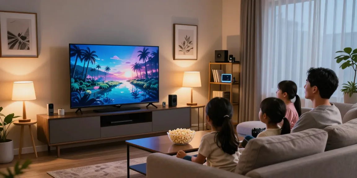 Family enjoying a movie night on a mini LED TV in a cozy living room.