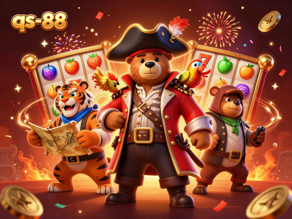 Spin the reels at qs-88 with a vibrant illustration of a pirate bear and a tiger in a festive casino scene.