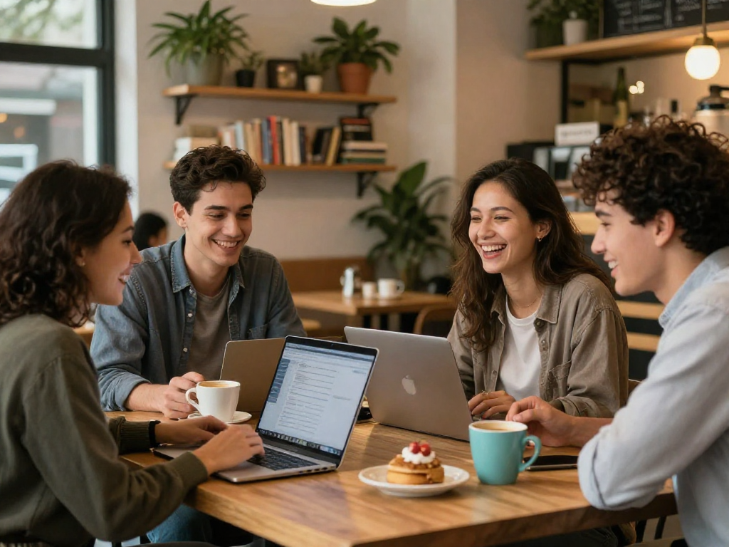 Spicy chat ambiance in an urban café with friends enjoying conversation and coffee