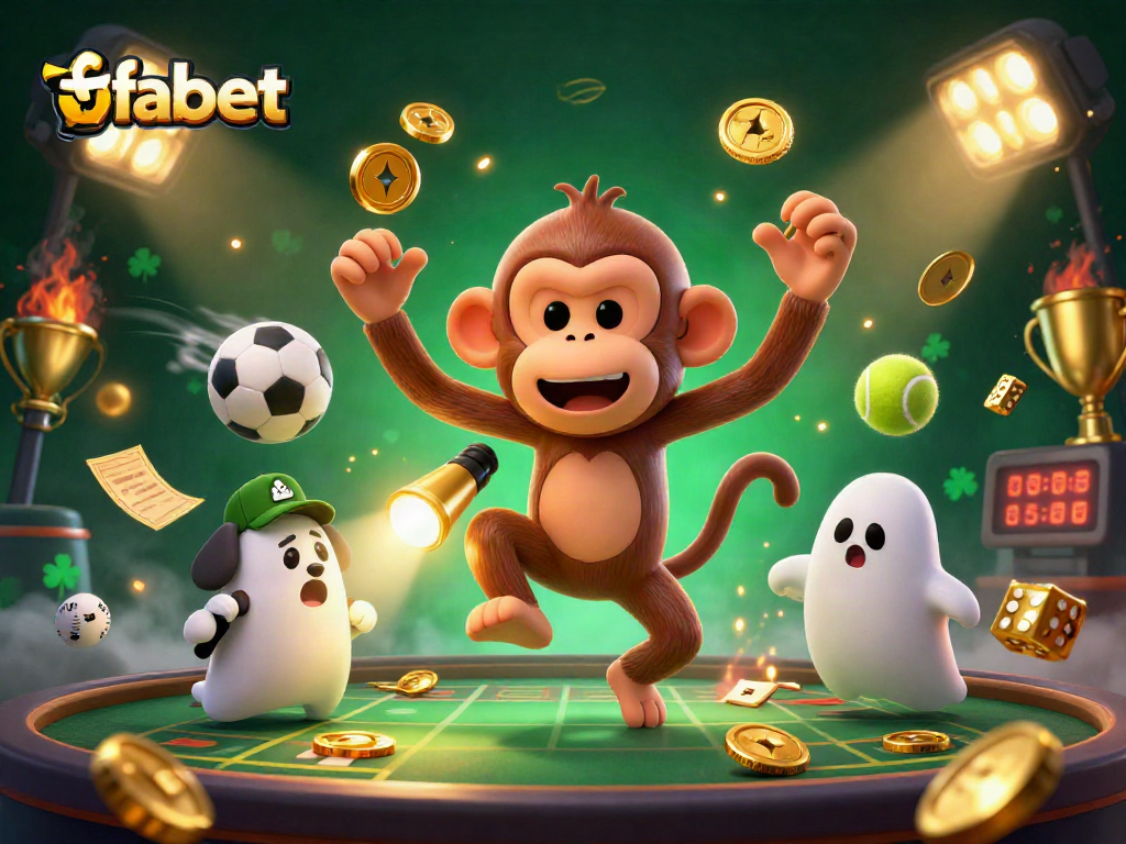 Engage in thrilling betting with fabet as a playful ghost-hunting puppy tracks a mischievous monkey in a haunted casino.