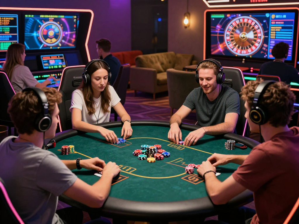 Engaging crypto casino scene featuring friends enjoying virtual poker, colorful chips, and high-tech screens showcasing crypto values.