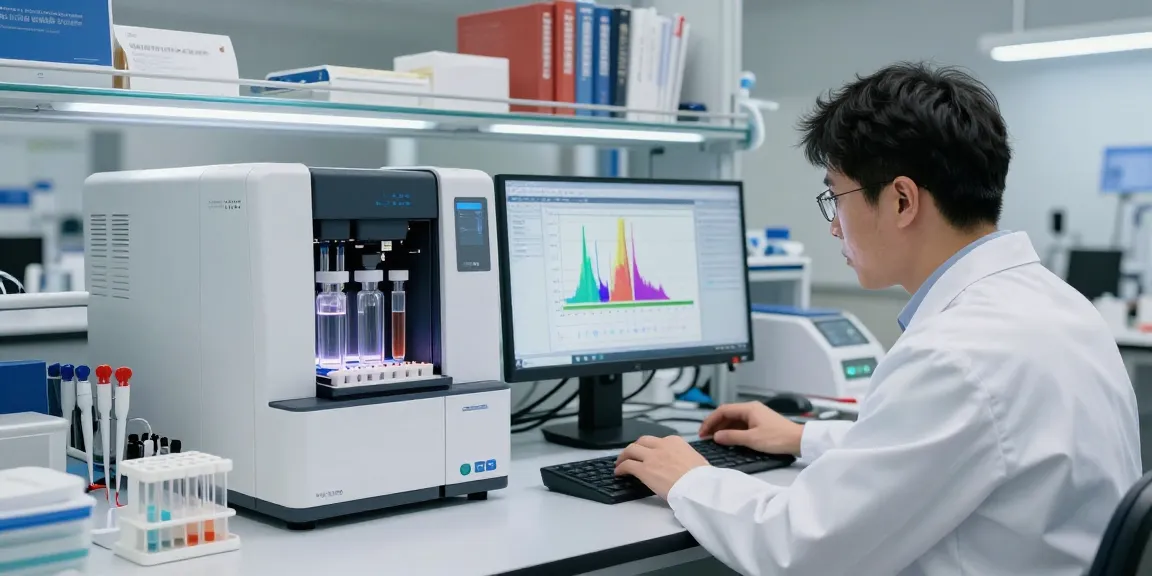 Scientist analyzing ≥99% HPLC peptides on a computer in a high-tech laboratory.