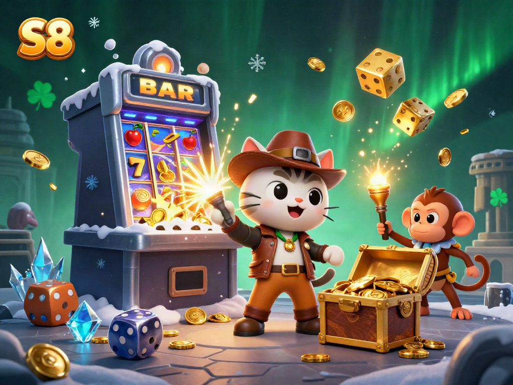 Experience thrilling S8 casino adventures with a cat explorer discovering hidden artifacts.