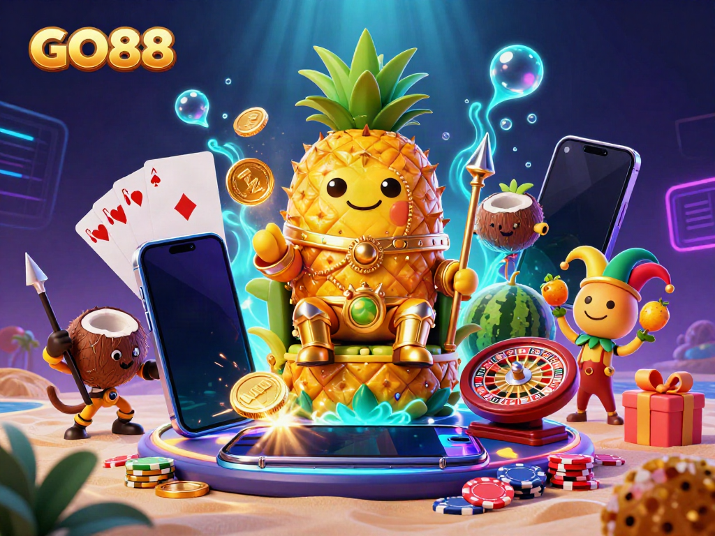 Experience the vibrant world of GO88, featuring the pineapple king and lively casino action.