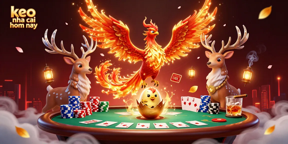 Bet on keo nha cai hom nay with vibrant casino scene featuring mythical creatures, poker elements.