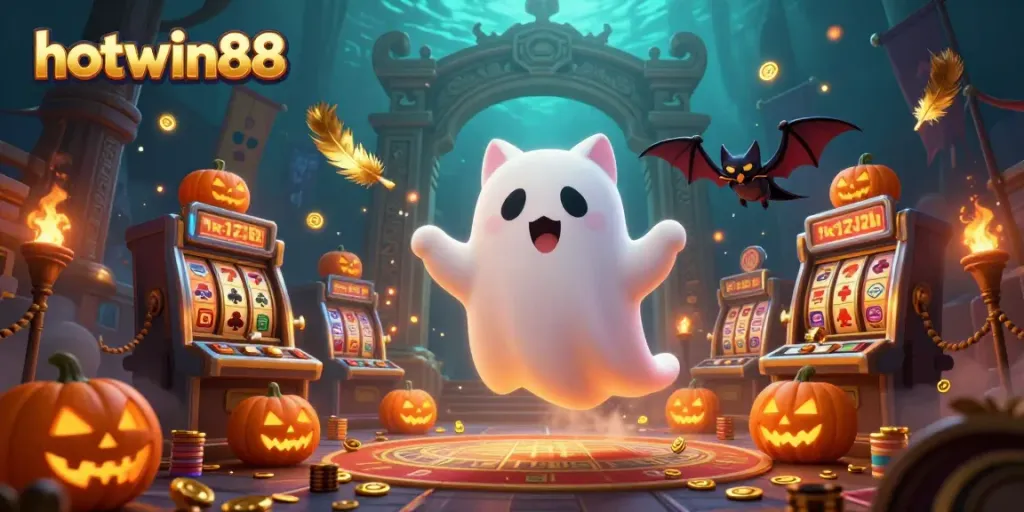 Experience thrilling games at hotwin88 with a ghost cat and vampire bat in a vibrant casino scene.