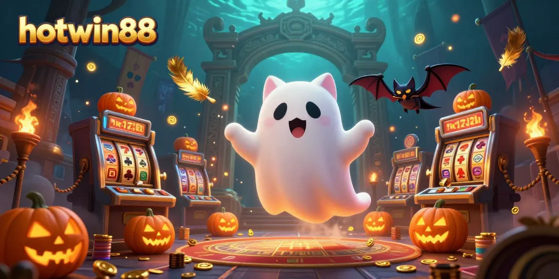 Experience thrilling games at hotwin88 with a ghost cat and vampire bat in a vibrant casino scene.