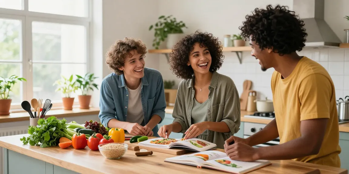 Friends cooking healthy meals together to get the facts on nutrition.