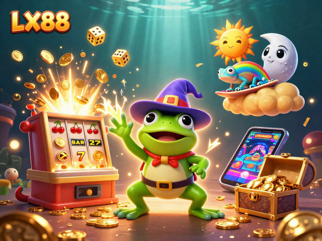 Experience thrilling gaming with LX88's dynamic 3D illustration featuring characters and casino elements.