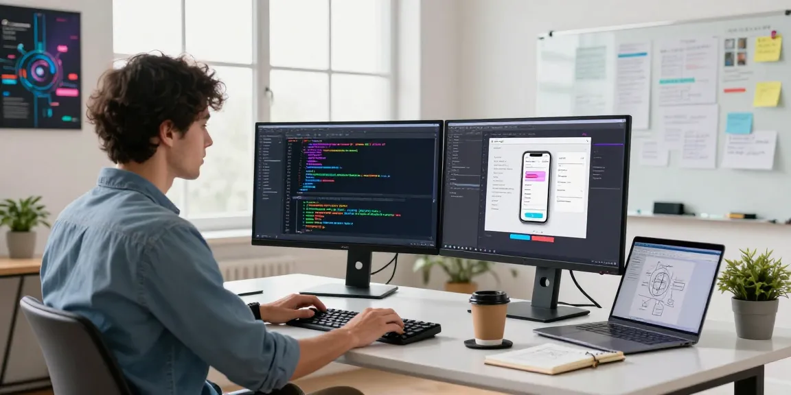 Developer coding at a modern workspace while demonstrating WhatsApp下載 on dual monitors in a vibrant office.