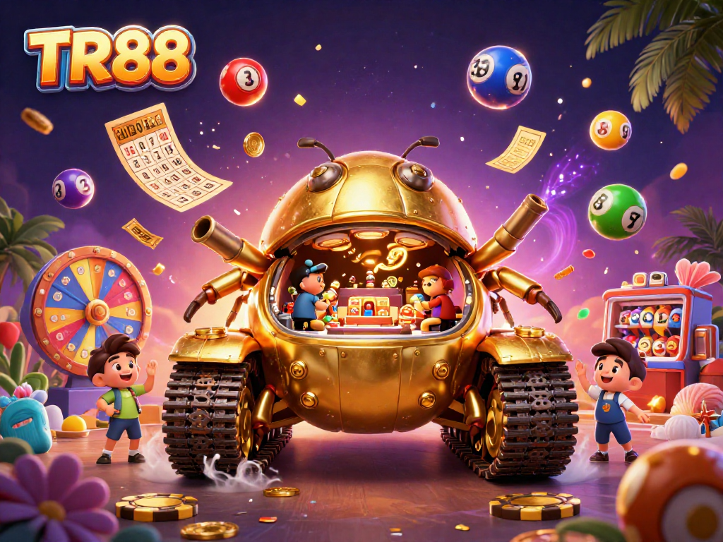 Engage with TR88’s vibrant casino experience featuring dynamic lottery elements and a colorful beetle tank.