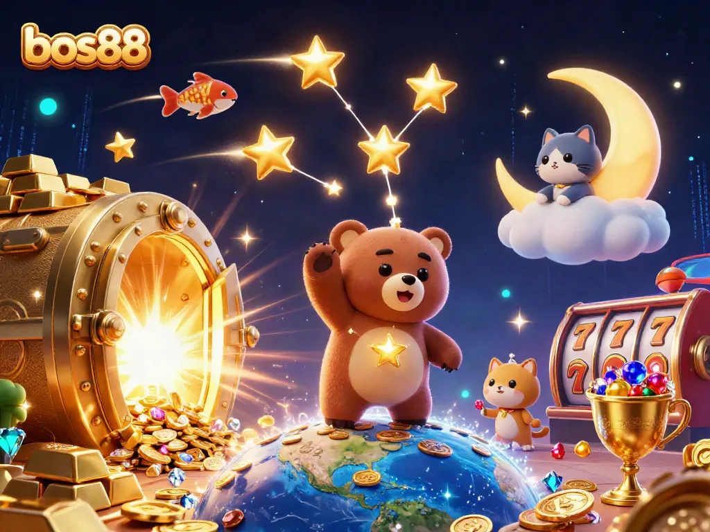 Engage with bos88's colorful slot experience, featuring a constellation bear, treasure vault, and vibrant casino elements.