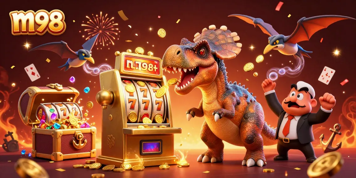 Join the m98 excitement with cartoon dinosaurs celebrating a jackpot in a vibrant casino scene!