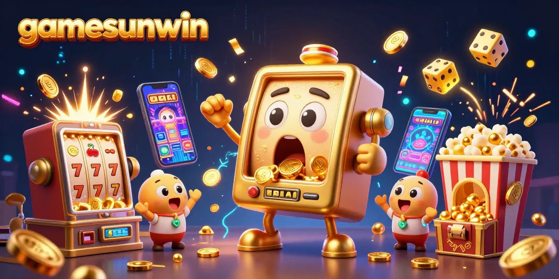 Experience the gamesunwin excitement with a jubilant slot machine celebrating a jackpot, surrounded by vibrant casino elements.