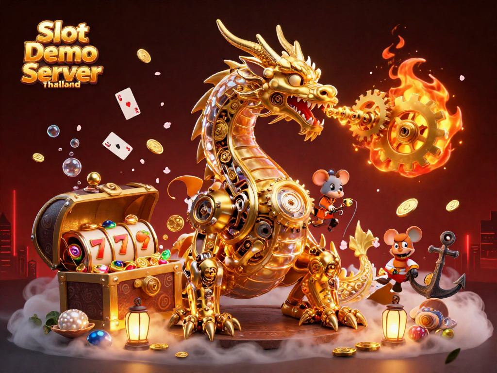 Experience the Slot Demo Server Thailand with this vibrant 3D illustration featuring a golden dragon and dynamic gaming elements.