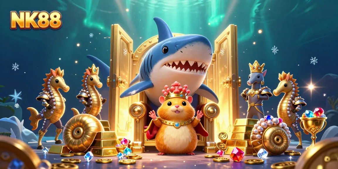 Engage with engaging casino gameplay at NK88, featuring royal characters amidst treasure and excitement.