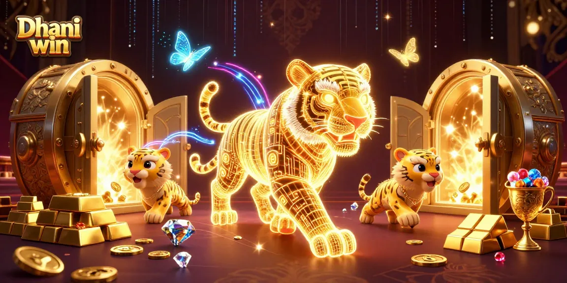 Dhani win captivates with colorful 3D tiger in a digital casino, showcasing dynamic gaming elements.