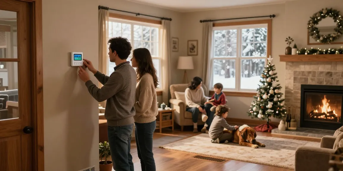 HVAC Stevens Point WI family adjusting heating system in cozy winter home