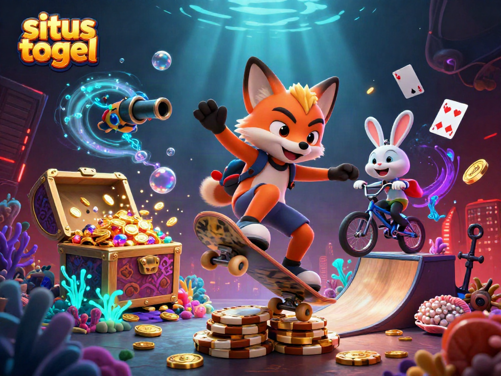 Experience situs togel with a vibrant 3D scene of a fox and rabbit in a casino wonderland.