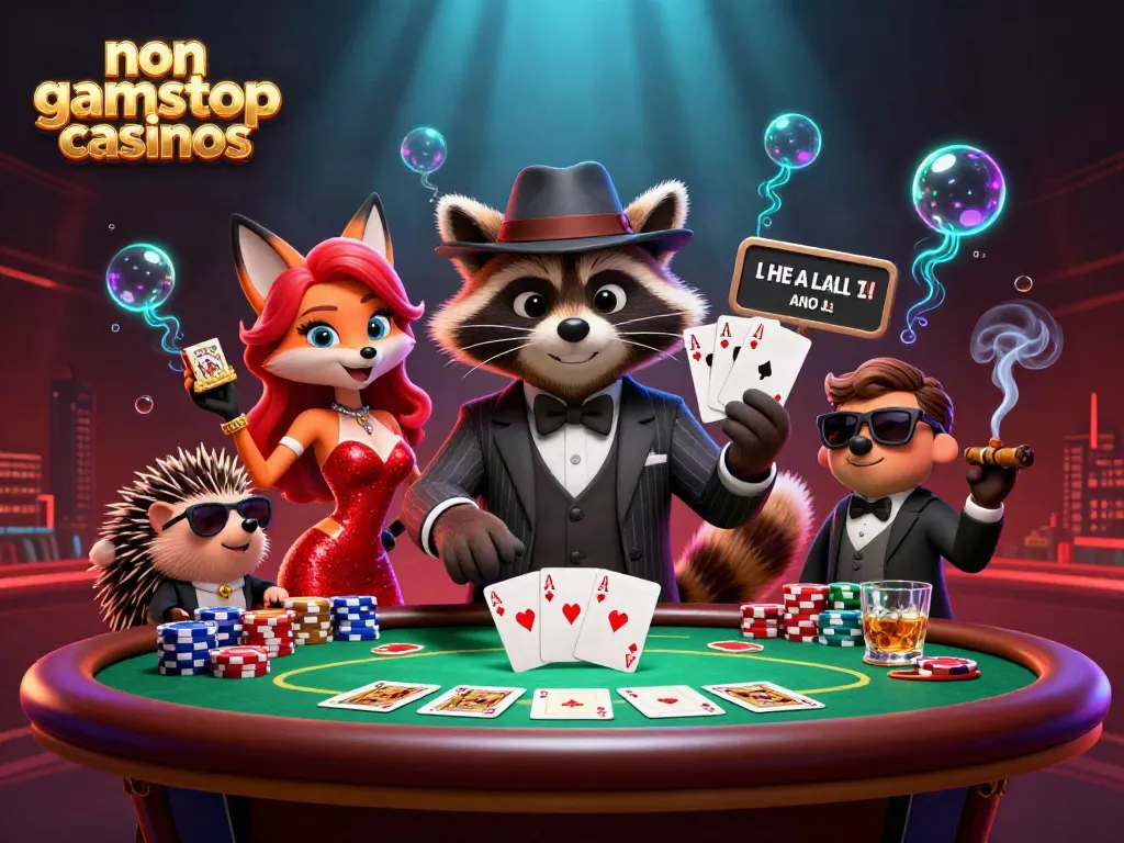 Experience non gamstop casinos with a suave raccoon and friends at a poker table.