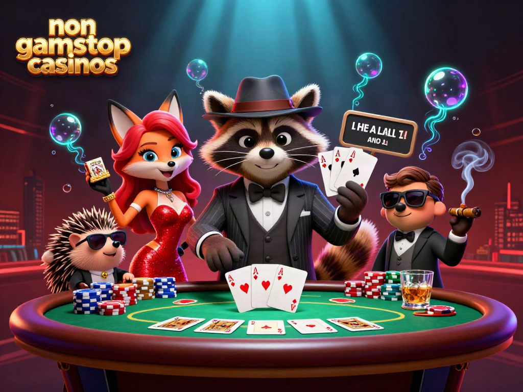 Experience non gamstop casinos with a suave raccoon and friends at a poker table.