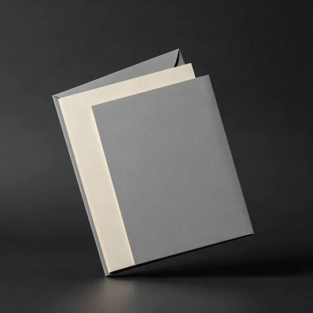 Floating finance folio with inserts and envelope on a dark studio surface