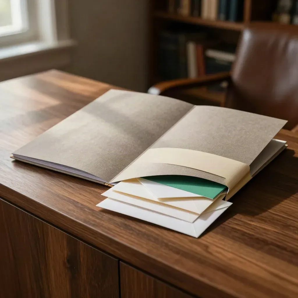 Half-open ISA and pension review folio with cards on a walnut sideboard in soft window light.