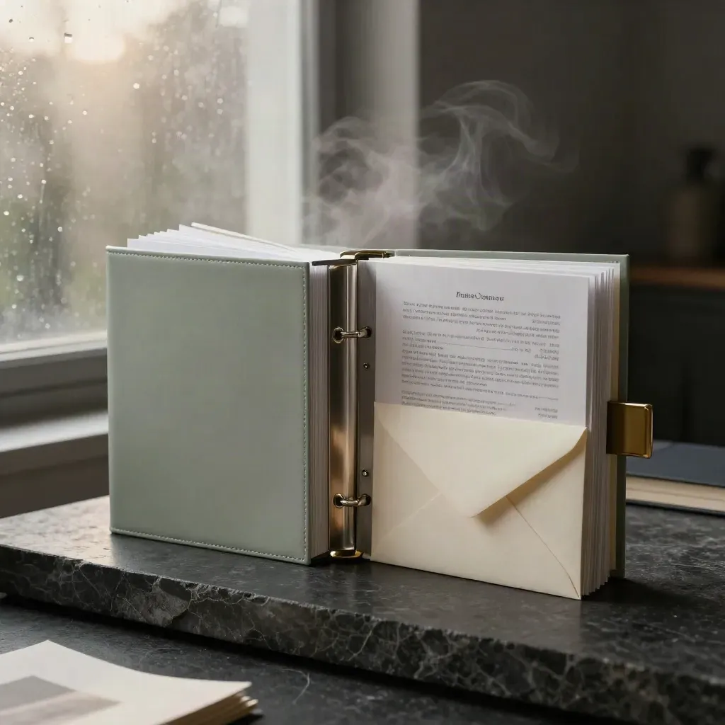 Premium finance binder with inserts, envelope, and clip on a stone plinth by misty window light
