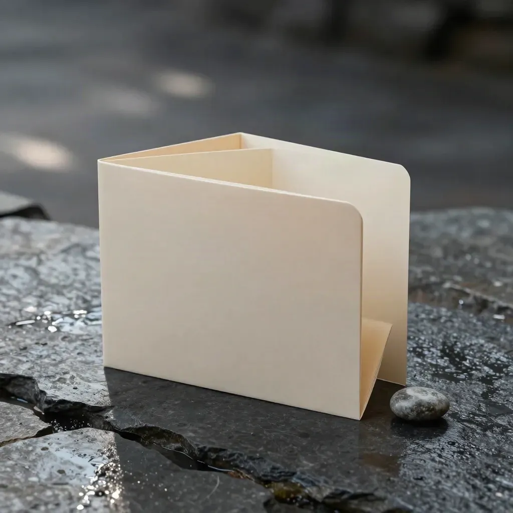 Pale ISA growth folder with nested sleeves and stone paperweight on wet stone in soft rain mist.