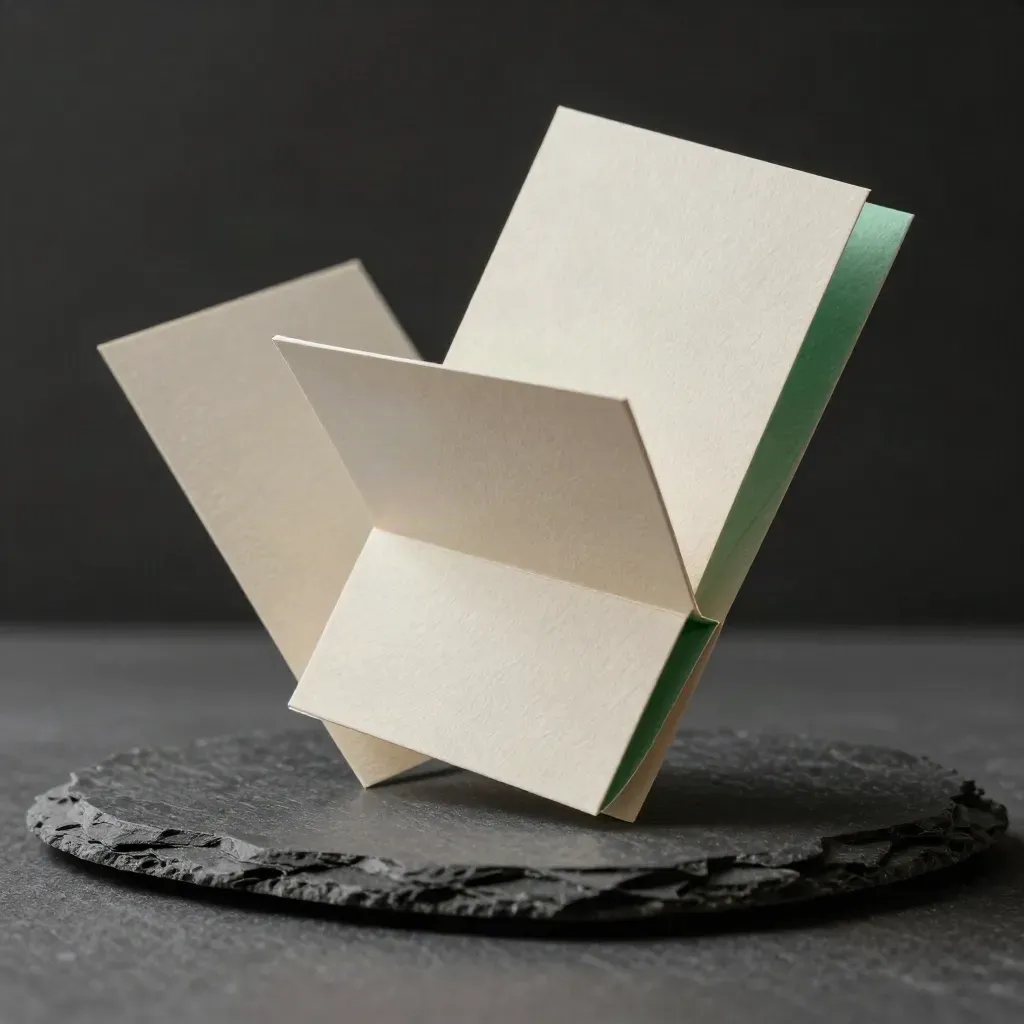 Macro of a slim paper asset pack with two drifting sleeves above a slate block.