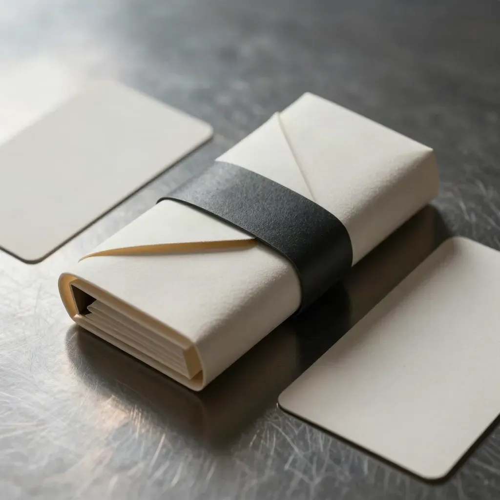 Ivory tax-smart investing pack with dark band on brushed metal, softly lit and partly opened.