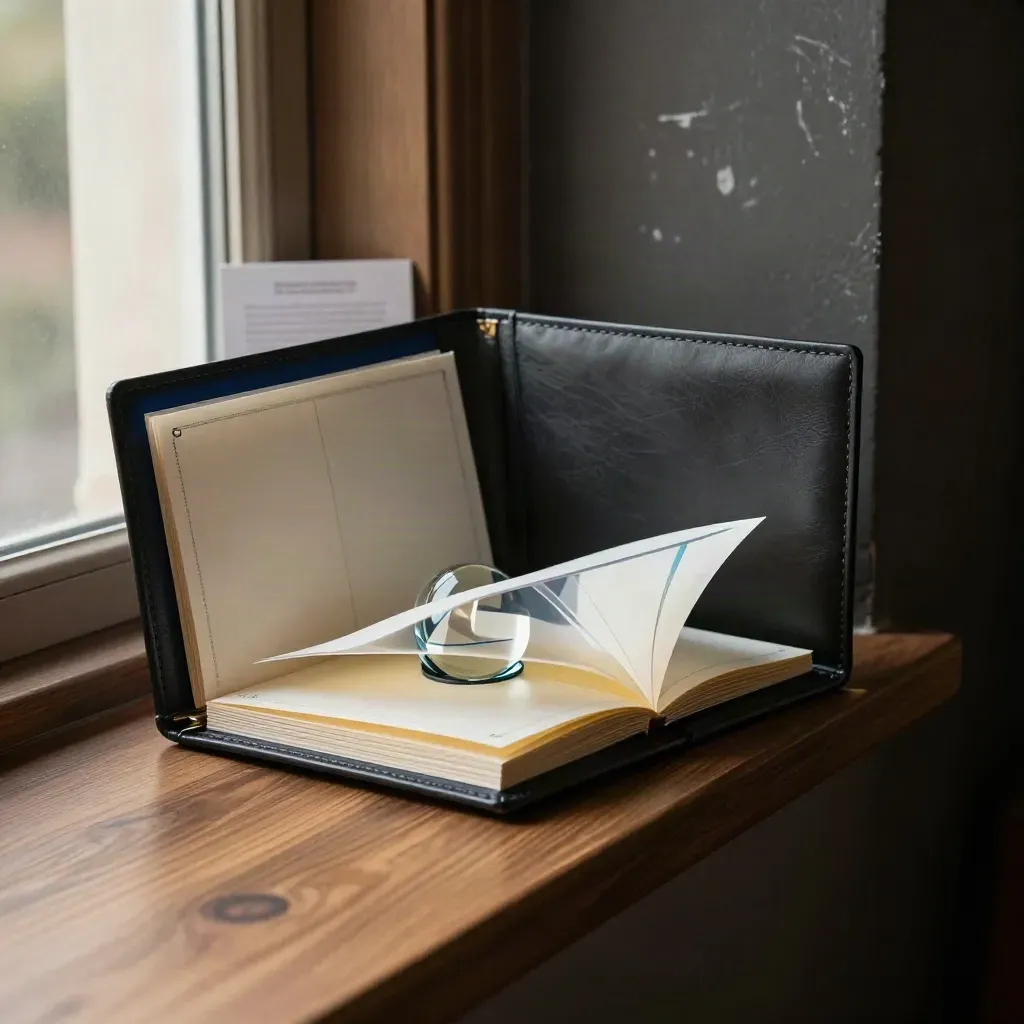 Open retirement income folio with accordion pages and glass paperweight in a warm alcove.