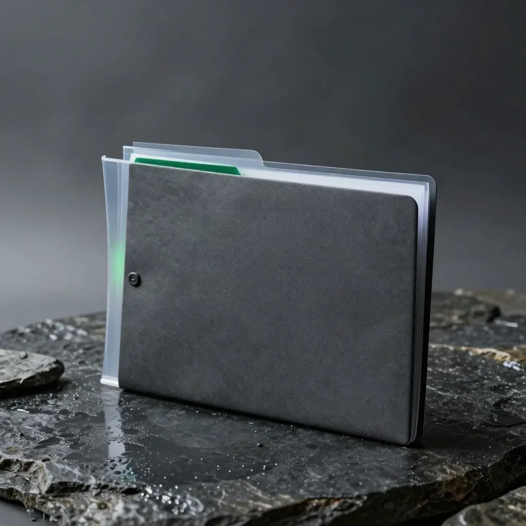 Graphite risk folder with curled sleeve on wet stone, cool vapor and emerald reflection.