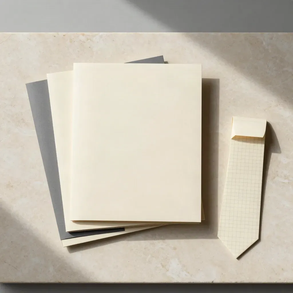 Overhead flatlay of a monthly report pack with folders, sleeve and paper tie on pale stone.