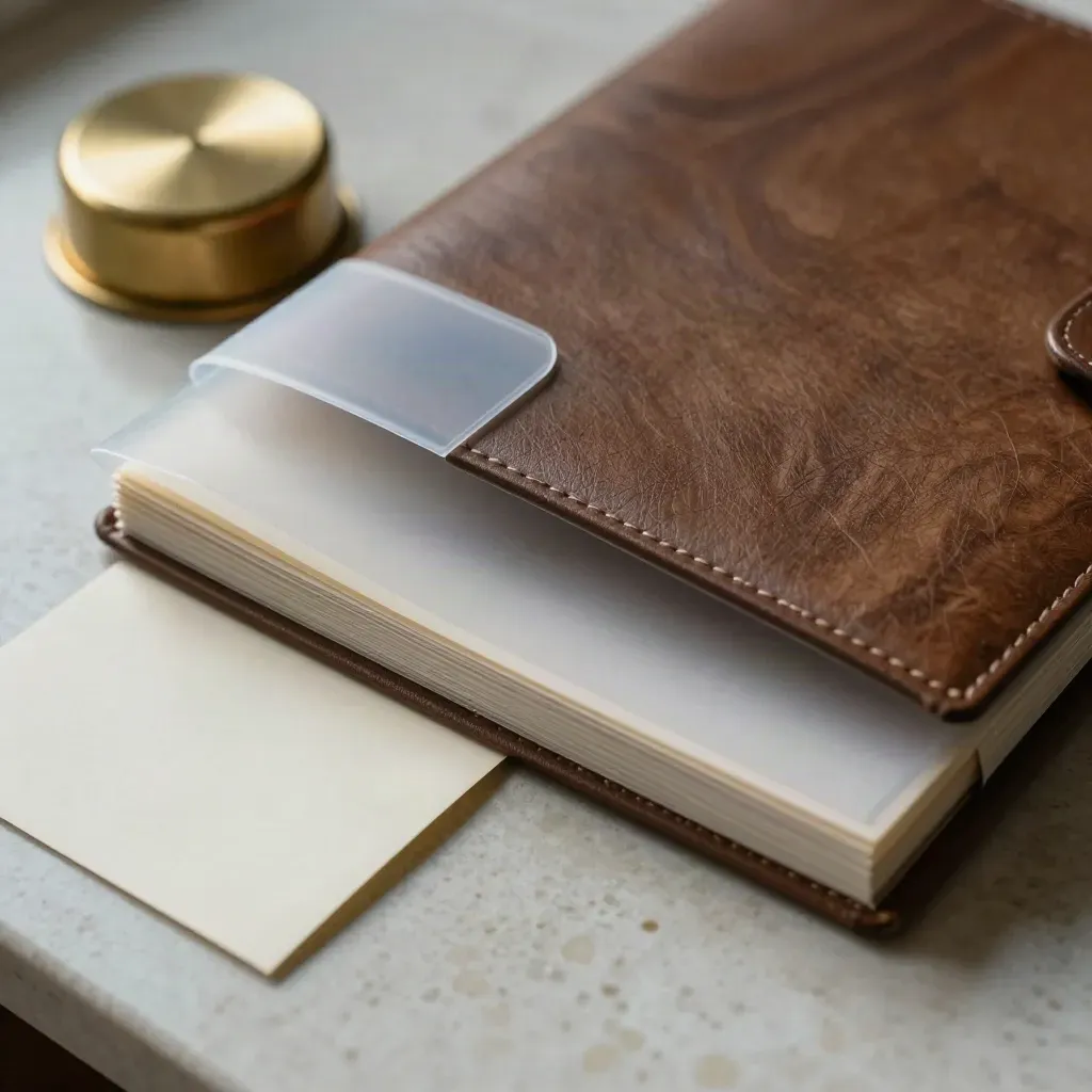 Overhead macro of a translucent ISA transfer folio with brass paperweight and folded card.