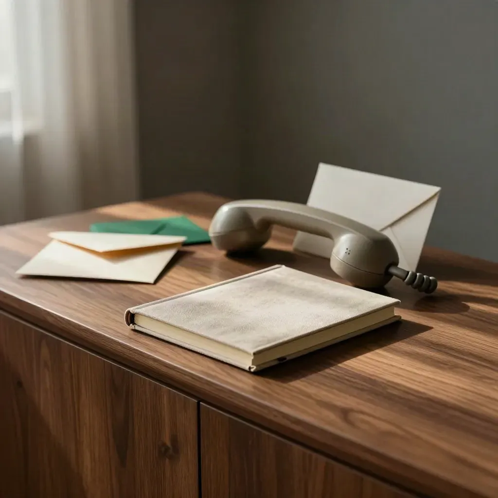 Review-call kit with handset, notebook and appointment envelope on a walnut sideboard.