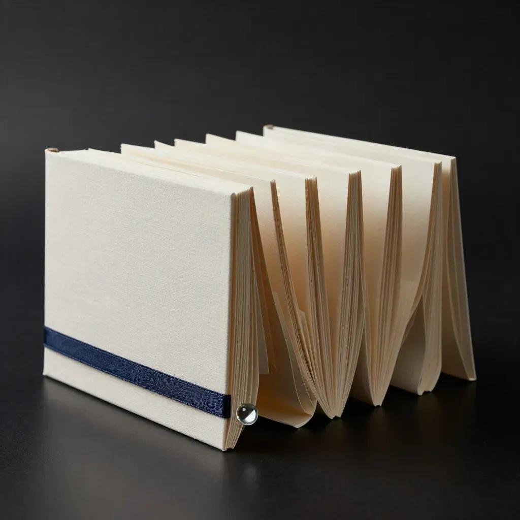 Accordion-fold retirement income booklet with ribbon and glass weight on a dark studio surface.