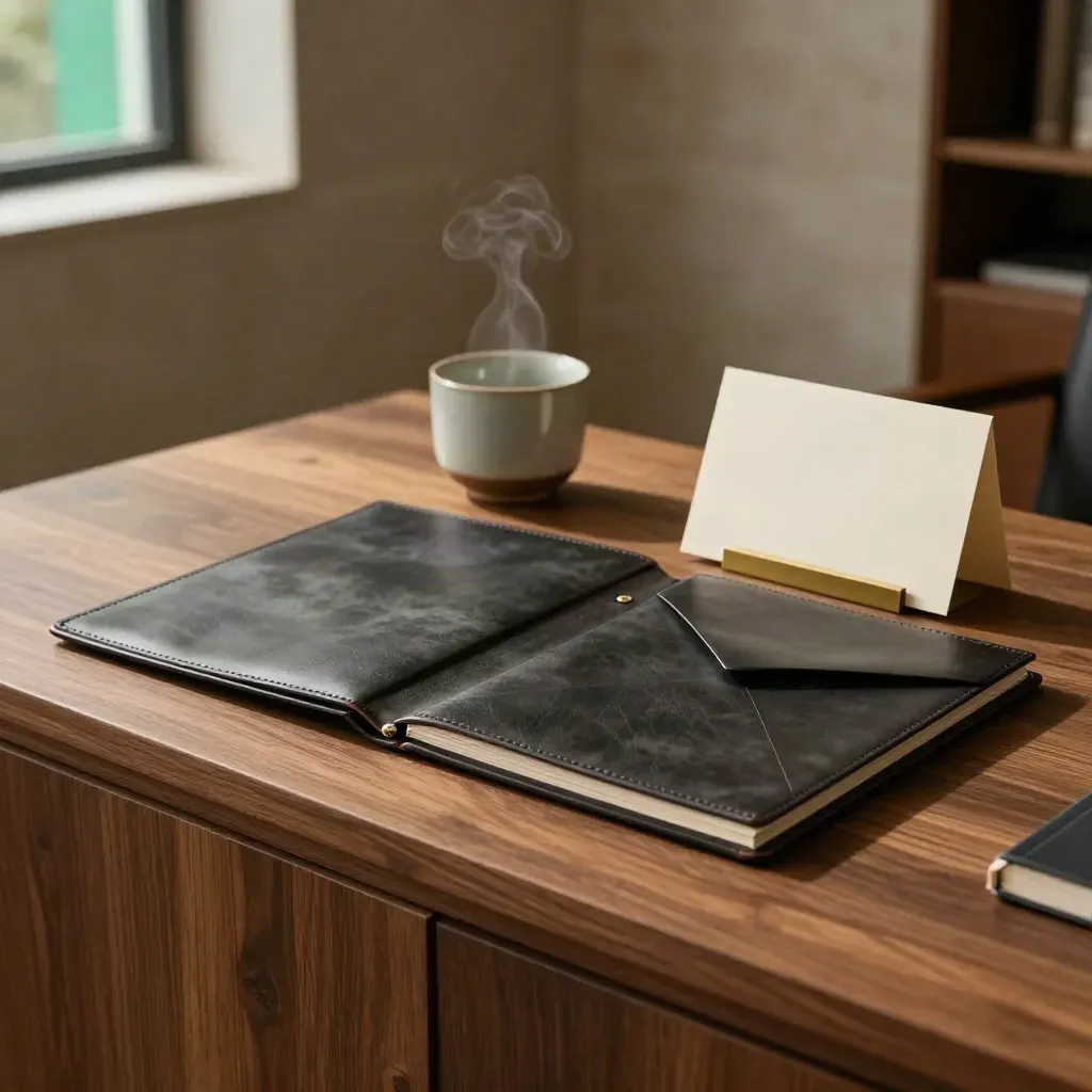 Dark review folio, sleeves, card, and steaming cup on a sideboard in a quiet office.