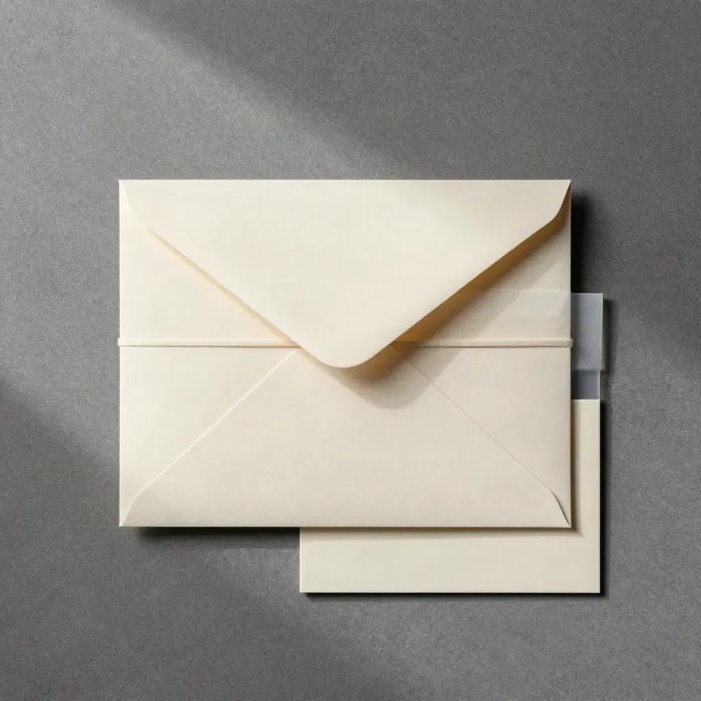 Ivory check-in pack, envelope, and elastic band on graphite concrete, overhead flatlay.